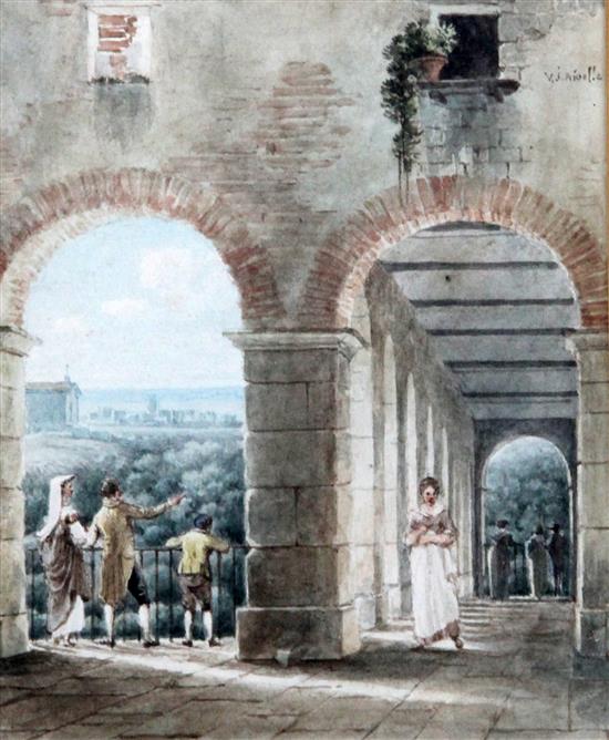 Victor Jean Nicolle (1754-1856) Figures beneath an archway overlooking the countryside around Rome 5 x 4in.